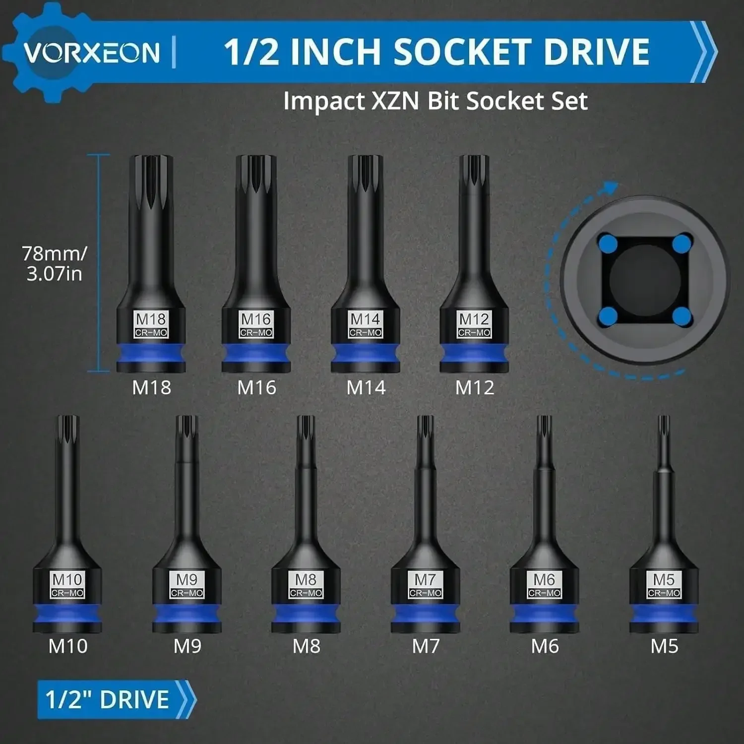 10pcs 1/2 "Drive Impact xzn Bit Sockel Set 42crmo mit Aufbewahrung koffer m5 m6 m7 m8 m9 m10 m12 m14 m16 m18