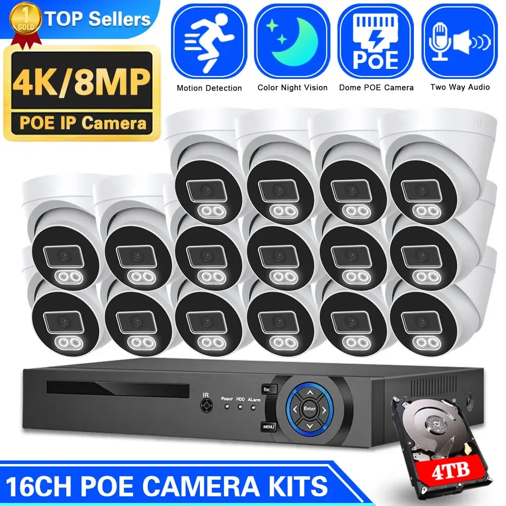 

4K POE Security Camera System 16CH NVR Kit 8MP Dome Camera Ai Human Detect Outdoor 8MP Two Way Audio 8CH Video Surveillance Set