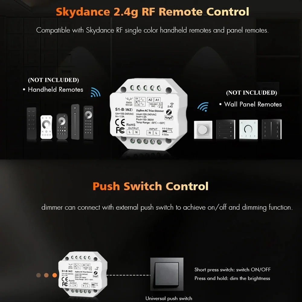 S1-B Tuya Zigbee RF AC Triac Dimmer LED Controller Push Switch Control 110V 220V 230V Smart Life APP dla Alexa Google Assistant