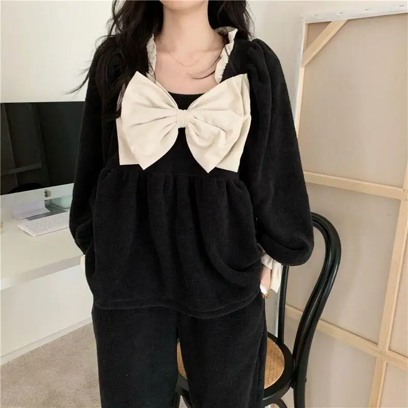 

Женская одежда, пижамы, осенне-зимний утепленный фланелевой воротник с бантом, коралловый флис, комплект домашней одежды для отдыха, брюки с длинными рукавами