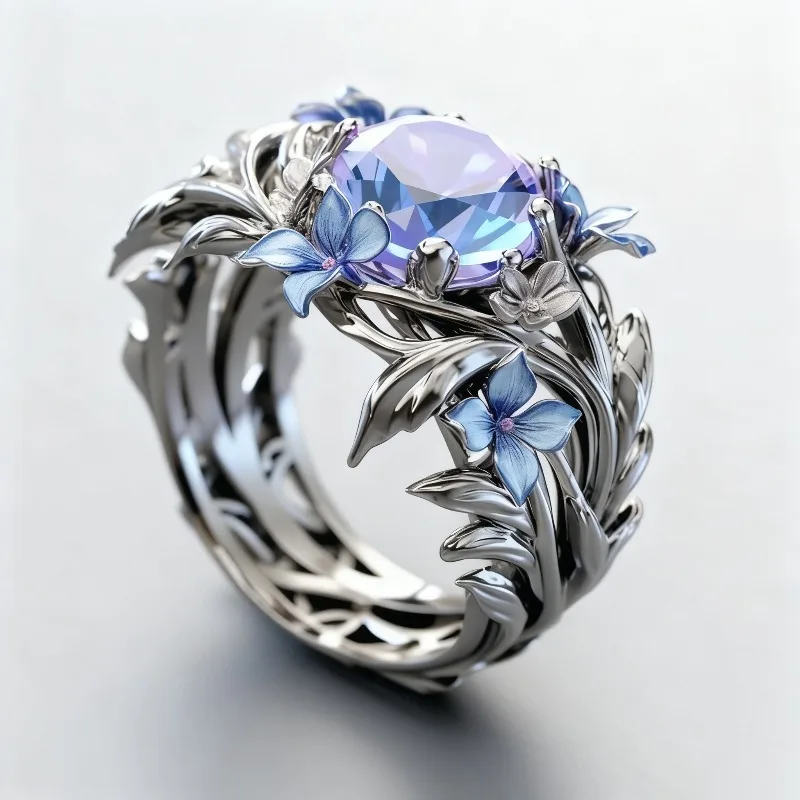 Dazzling Inlaid Imitation Moonstone Enamel Women's Ring Silver Color Hand Carving Flower Party Jewelry Anniversary Gift