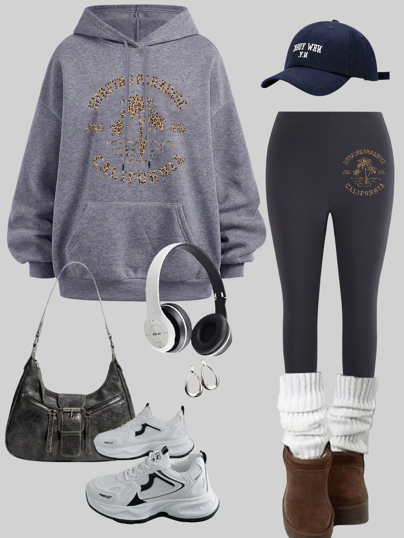 

Surfing Paradise California Pattern Womens Hoodies Set Thicken Fleece Pants Sets Pocket Autumn Pullover Warm Casual Leggings