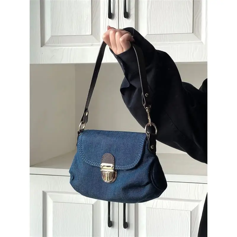 Women's Retro Contrast Color Denim Lock Pleated Bag Shoulder Underarm Bag Fashion Multifunctional Crossbody Bag Top Handle Bag