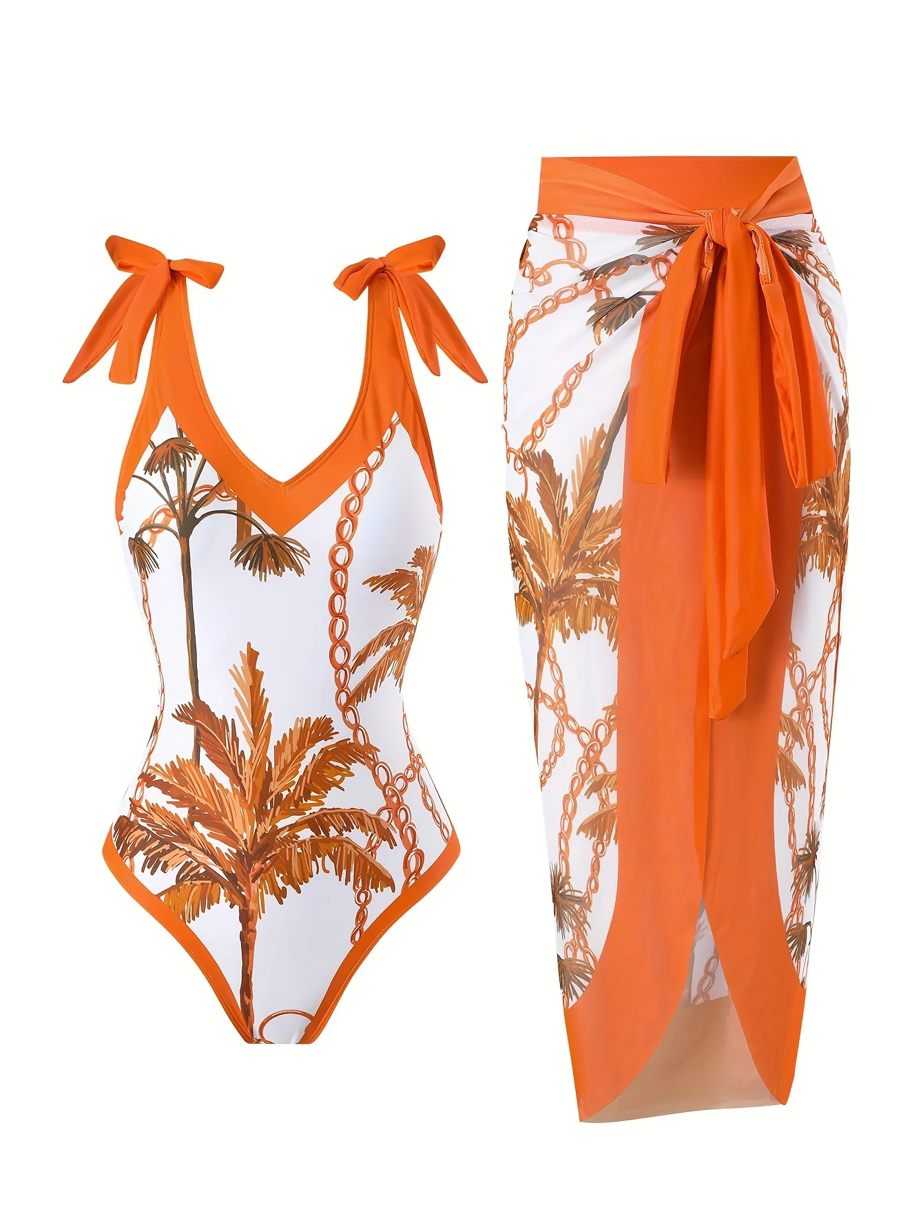 

Women's Two-Piece Swimsuit Set, Orange Coconut Tree Print, V-Neck One-Piece Swimsuit and Sun Skirt, Women's Half-Length Mesh Apron Wrap Beach Swimsuit