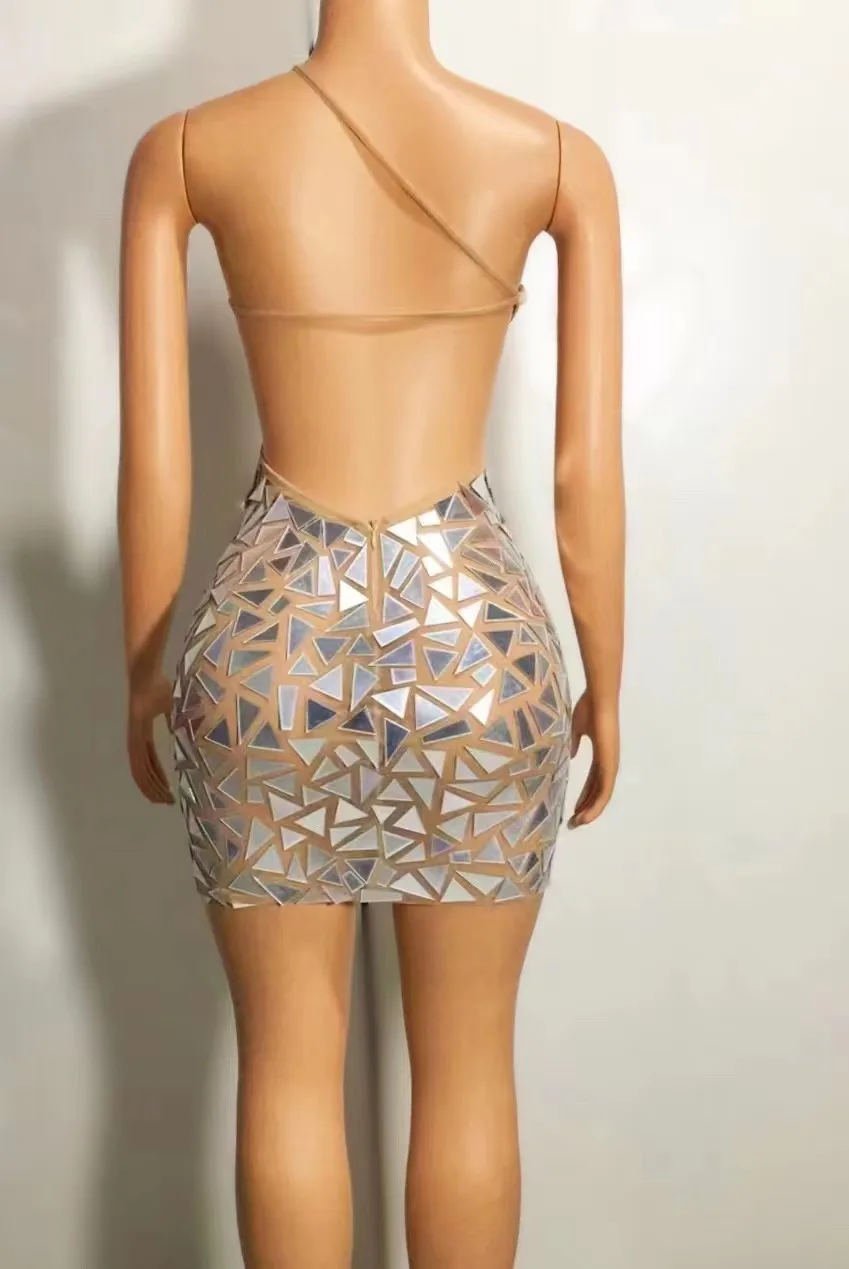 Vestido corto con espalda descubierta y espejos plateados brillantes para mujer, vestido de noche para cumpleaños, celebración, fiesta, espectáculo, ropa de escenario, disfraz de actuación