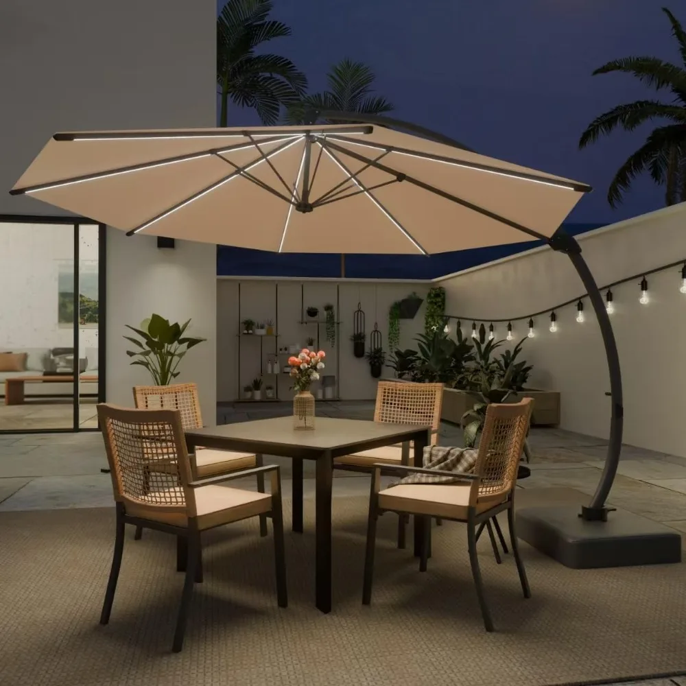 

11ft Offset Cantilever Patio Umbrella with Solar Lights, Large Round Outdoor Umbrella with Base Included, Aluminum Frame, 360° R
