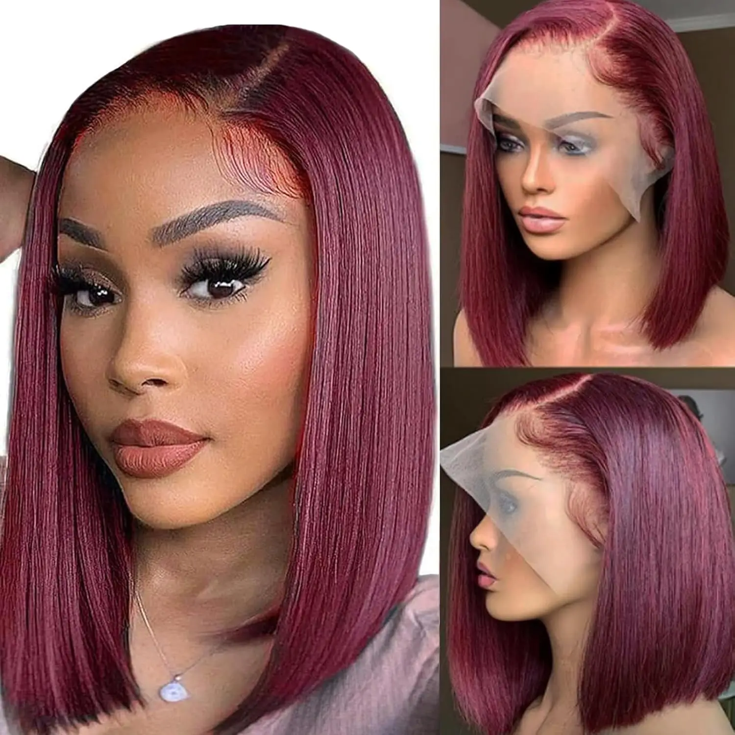 باروكة شعر بشري قصيرة مستقيمة 10 بوصة للاستخدام اليومي للحفلات باروكة 13X4 شعر دانتيل أمامي لون بورجوندي كثافة 150%