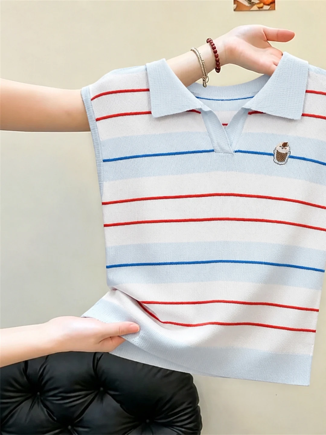 

Korean Style College Neck Color Block Striped Knitted Top Casual Versatile Summer Fashionable Young Looking Shirt