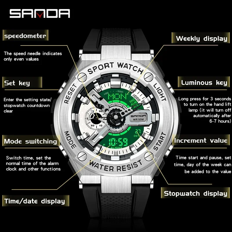 SANDA 3170 Sports Waterproof and Shockproof Alarm Clock Men\'s Watch New Handlift Light Korean Edition Multi functional