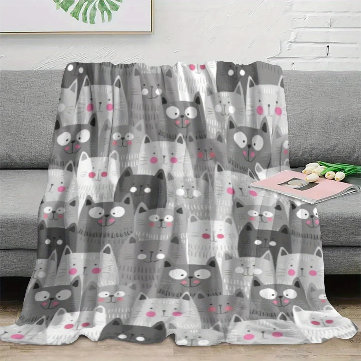 A Cute Gray Cat Print Gift Blanket, a Simple and Vibrant Bed Throw, Towel Blanket, Small Lap Blanket, Nap Blanket, Outdoor Blank