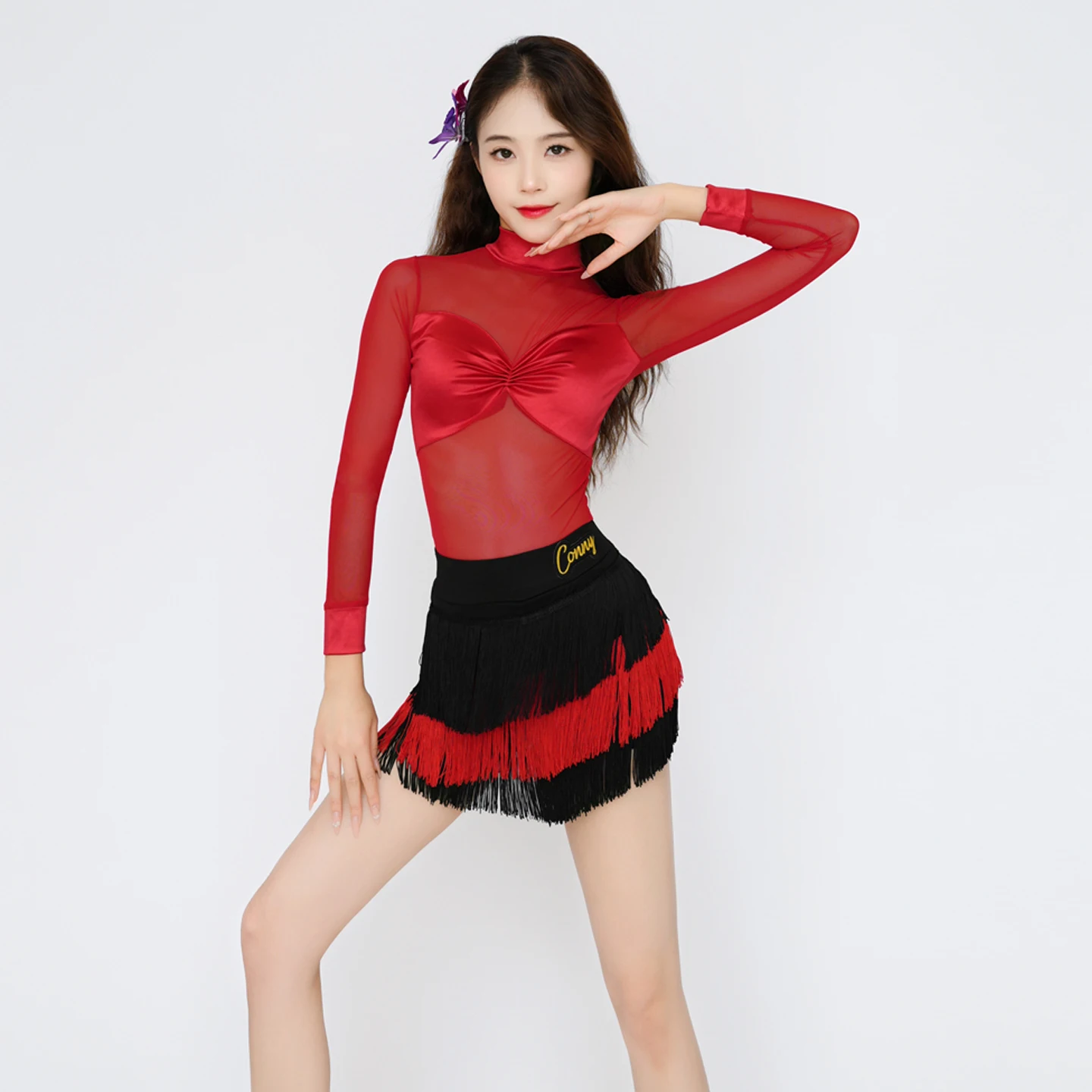 

Женский сетчатый топ для латинских танцев, юбка с бахромой, костюмы для латинских танцев для взрослых, самбы, женская одежда для латинских танцев чача, сценический костюм XS10530