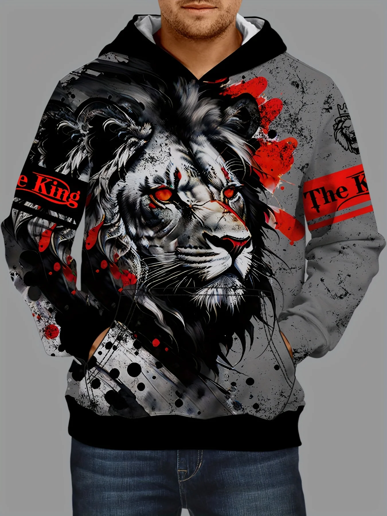 Толстовка с 3D-принтом Lion Graphic — мягкий удобный свободный крой, модный пуловер с капюшоном и карманом-кенгуру, осенняя мужская одежда для повседневного использования в Дай