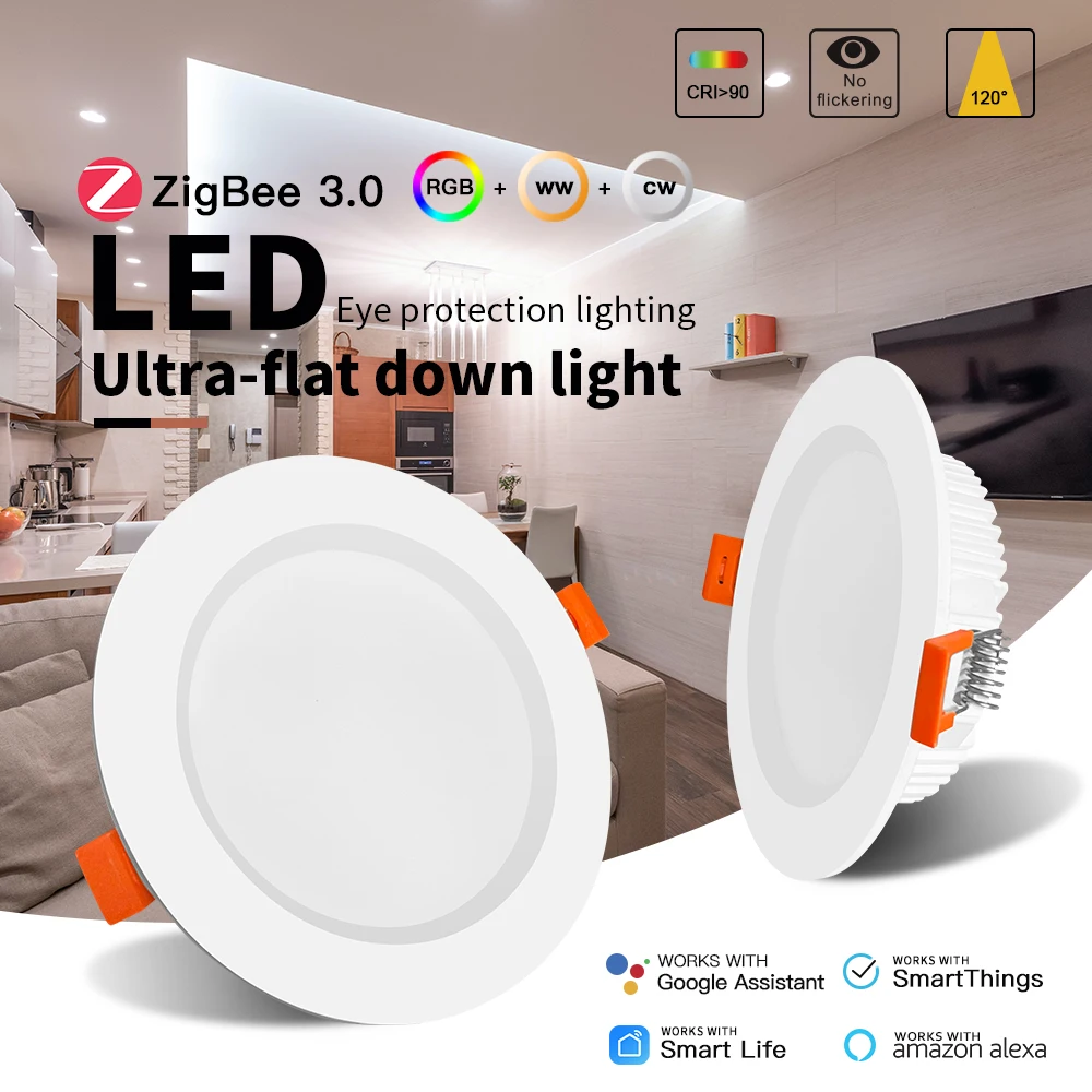 

GLEDOPTO Tuya ZigBee3.0 6 Вт 12 Вт 3,5 дюйма RGBCCT Светодиодный потолочный светильник CRI 90+ Умное потолочное встраиваемое приложение Голос Alexa ZigBee 2mqtt Conbee