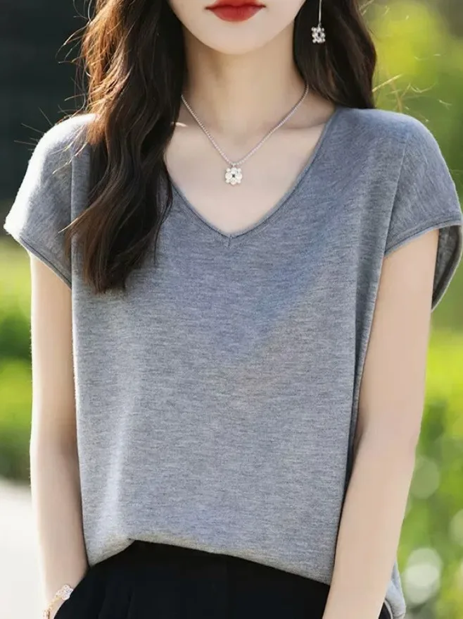 فضفاض محبوك ort Sve V-Ne تي شيرت المرأة الصيف رقيقة لفة أعلى مريحة للتنفس قسط Quali لباس غير رسمي