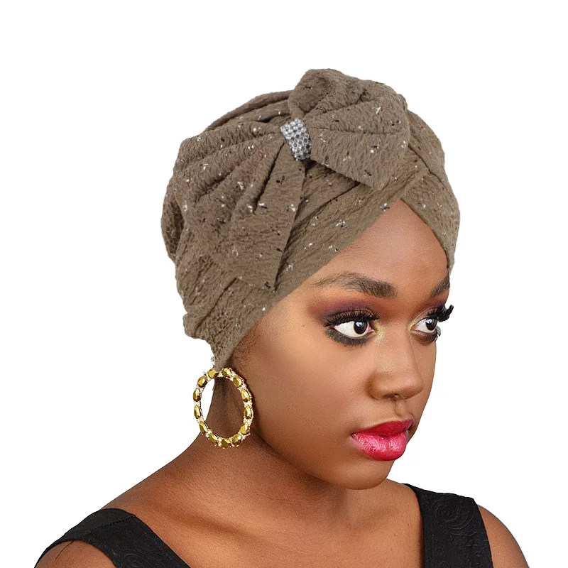 

New African Women Hat Bowknot Turban Diamonds Shiny Headscarf Muslim Hijab Chemo Cap Bonnet Hair Loss Head Wrap Turbante Mujer