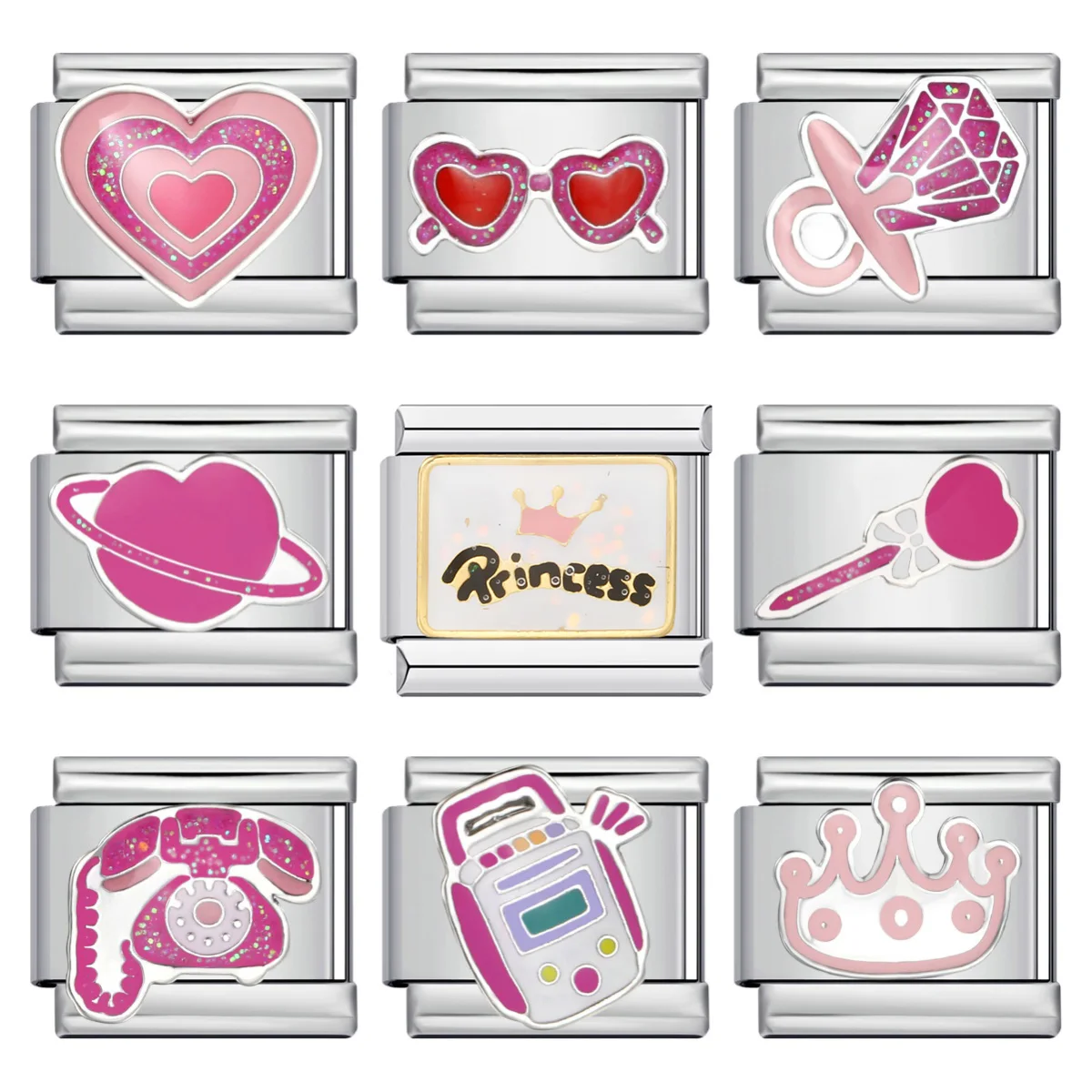 URING Trendy Women Pretty Fashion Pink Heart Lipstick Crown Italian Charms Links Fit 9mm Stainless Steel Bracelet Making Jewelry