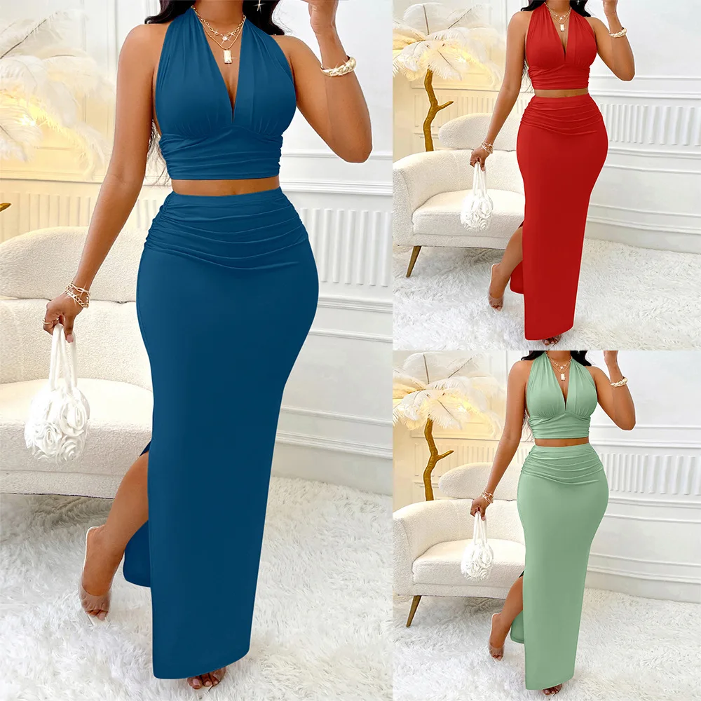 

2025 Sexy Bodycon Maxi Skirt Women's Slim Fit Long Sleeve Bandage Dress Sexy Corset Vest Lace Up Pullover Top Two Piece Suit New