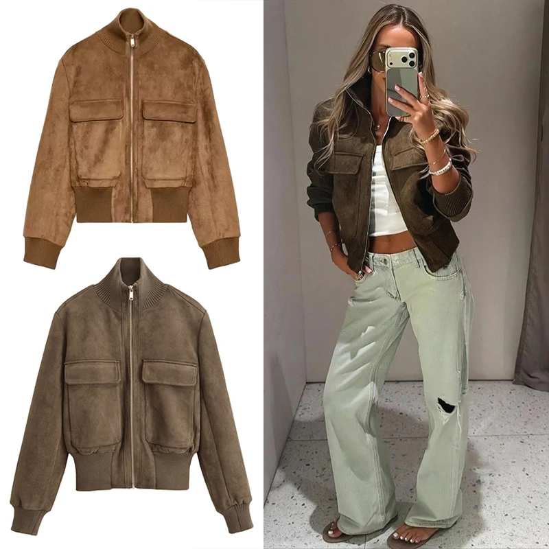 Guobioziy Women's Slim Fit Suede Jacket 2026 Spring-Autumn New European-American Casual Fashion Trendy Motorcycle Street Style