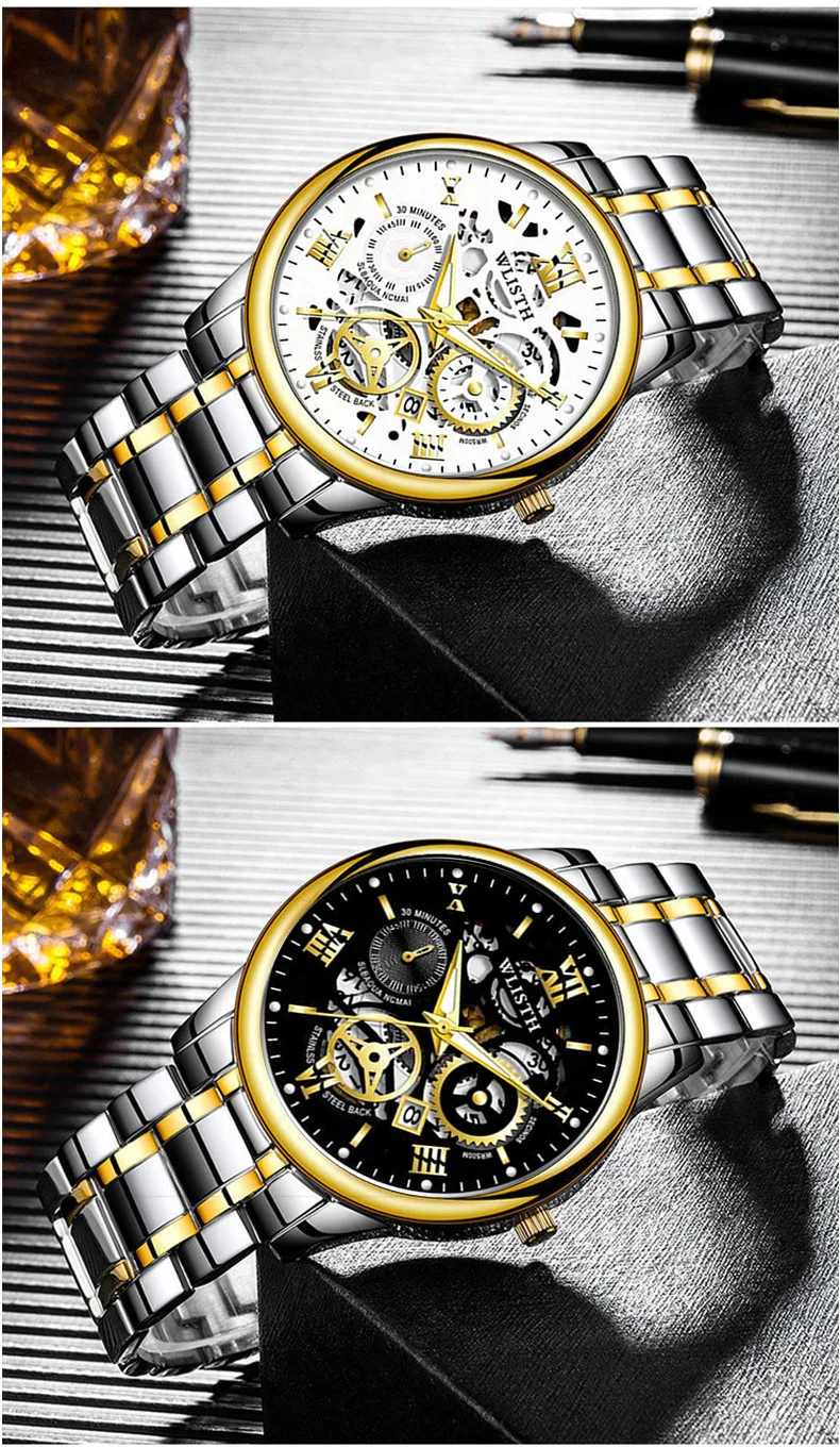 ساعة WOLISH أوتوماتيكية للرجال - ساعة تقويم مضيئة مقاومة للماء، ساعة كوارتز عصرية للأعمال ذات هيكل عظمي