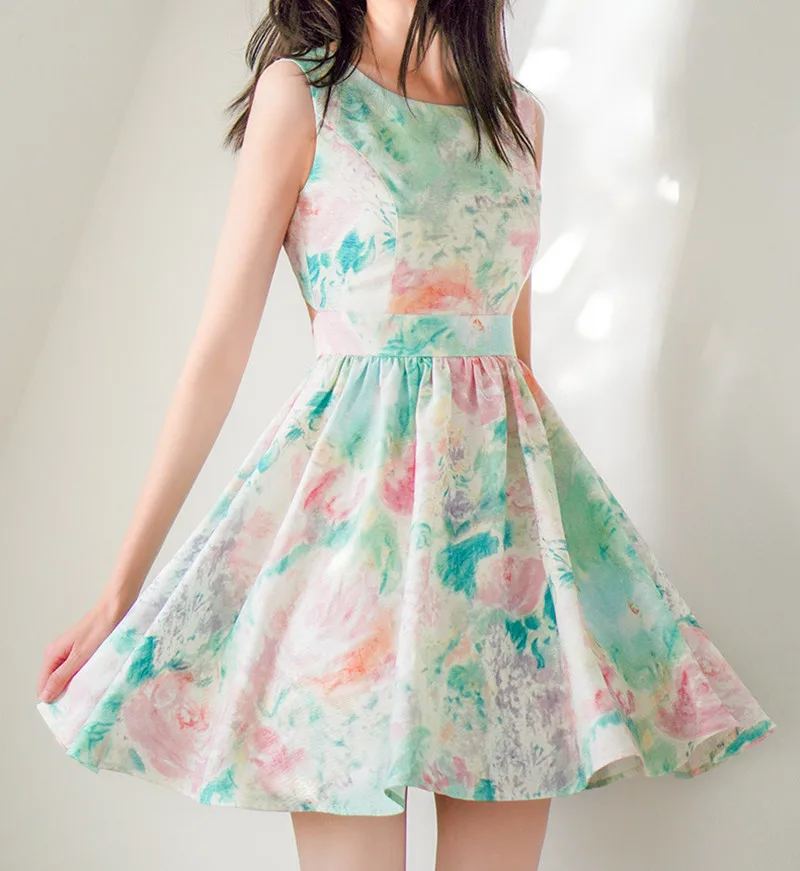 Summer Floral Sleeveless Hollow Out Dress Backless Bow Knot Short Dress Prom Party Gown Formal Green Sweet