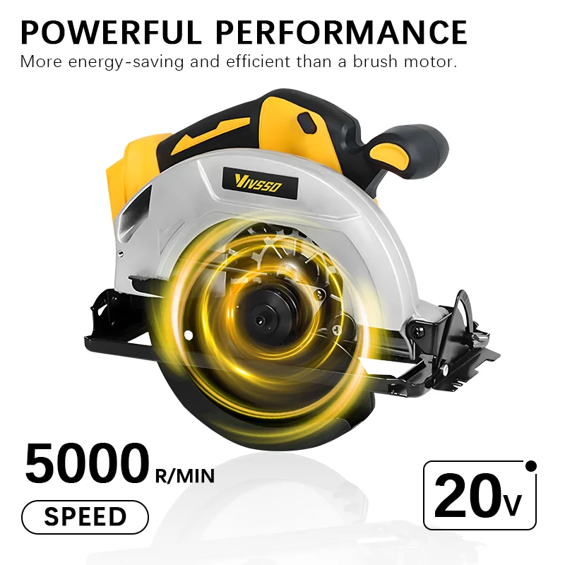 VIVSSO Circular Electric Saw 7in Brushless 45°Adjustable Cutting Depth Cordlesscarpentry Power Tool For Dewalt 20V Battery Pins