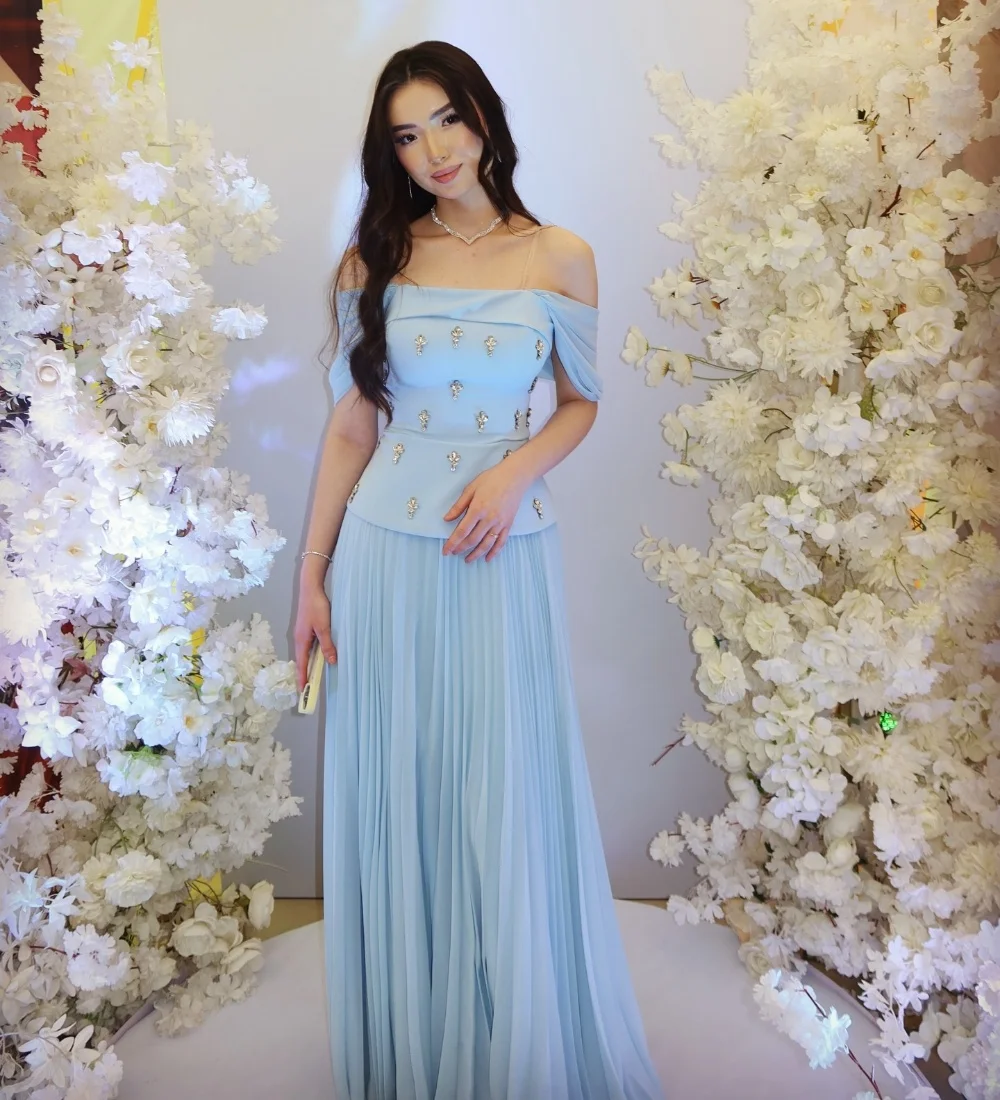 

Customized Pastrol Chinese Style Sky Blue Pleat Draped Rhinestone A-line Off-the-shoulder Floor-Length Evening Dresses