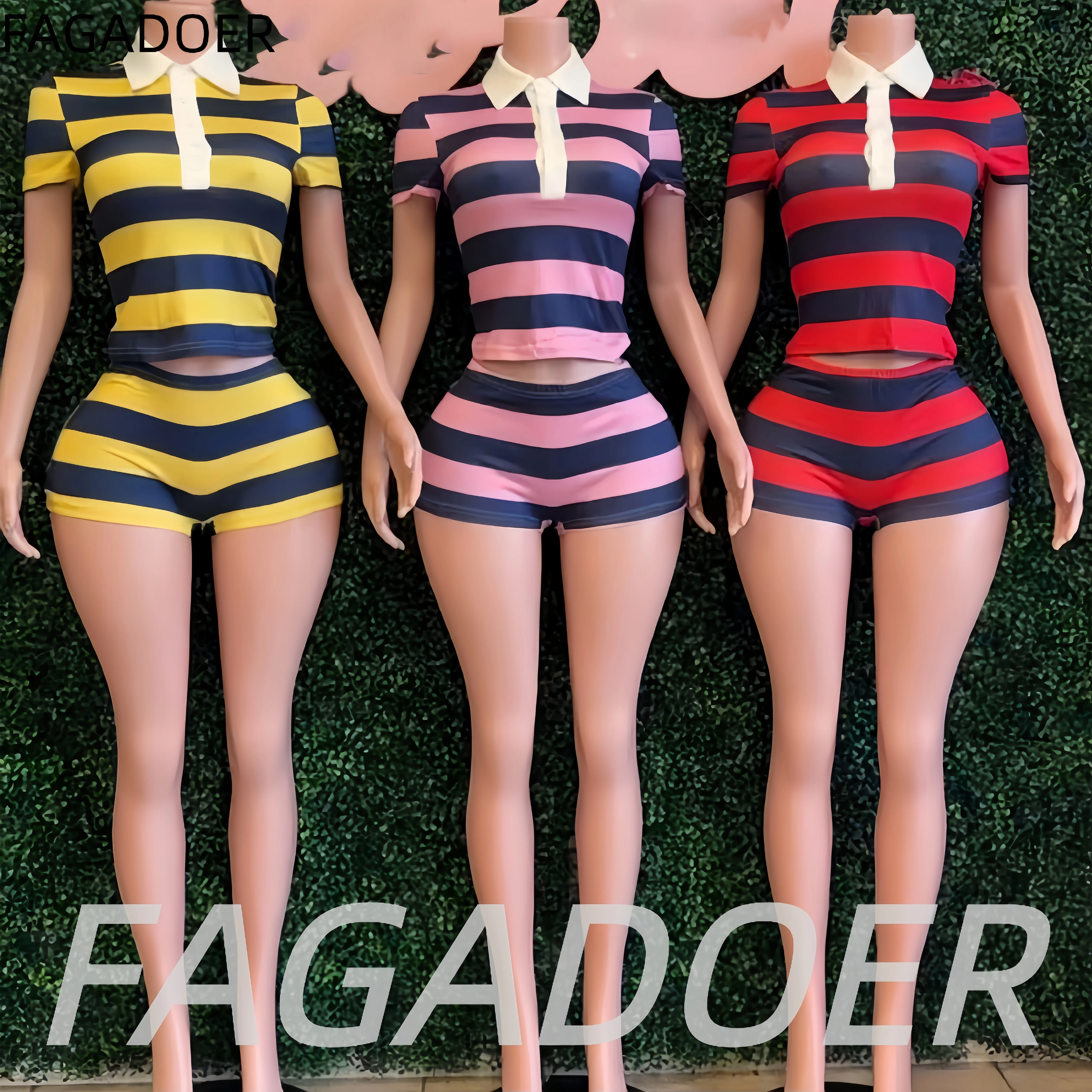 FAGADOER Retro Striped Shorts Two Piece Sets Fashion White Patchwork Button V Neck Crop Top and Bodycon Shorts Suits Streetwear
