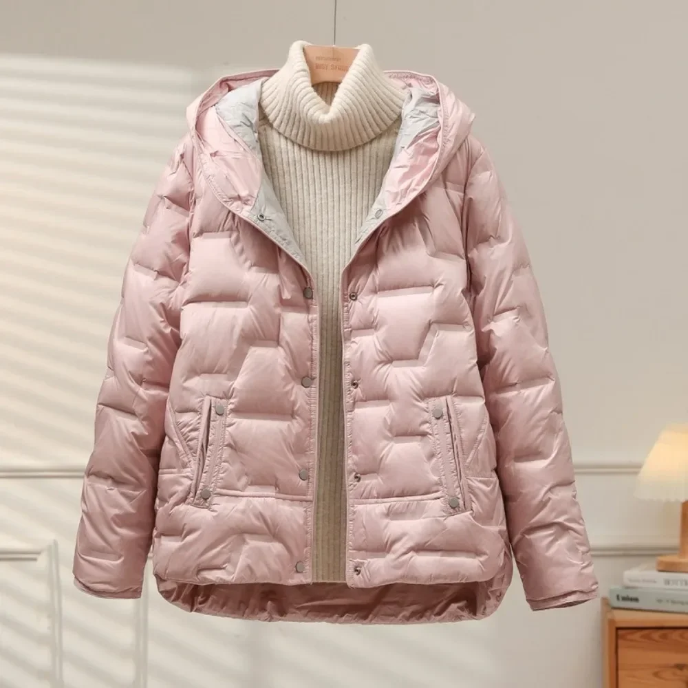 White Duck Down Coat 2024 New Hooded Single Breasted Jacket Fashion Light Puffer Parka Outwear  Autumn Winter Women Casual