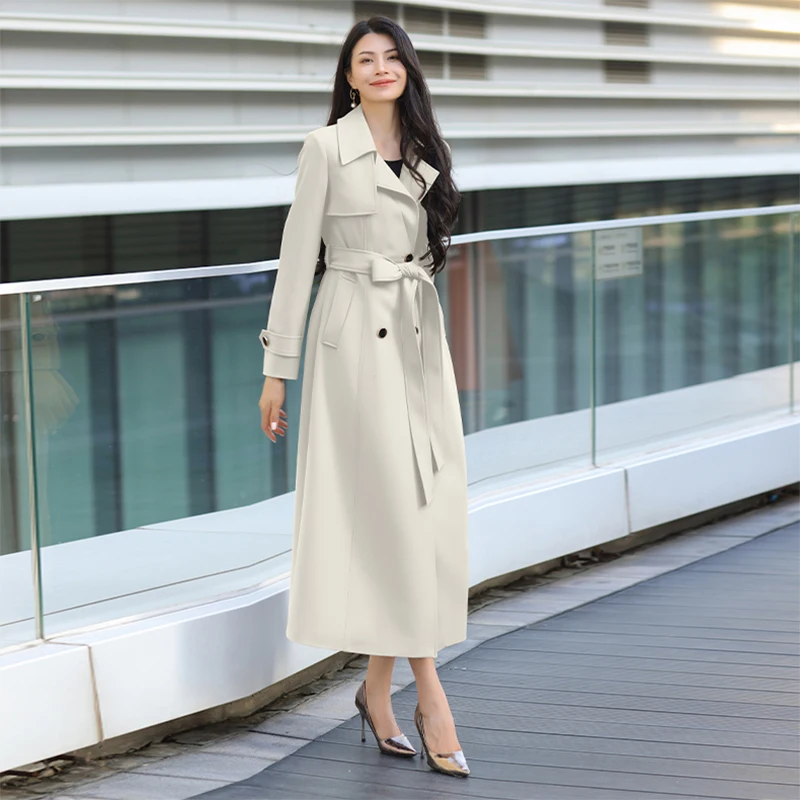 

Beige Office Wear Coat Jacket / Mid-Length Slim Fit Trench - 2025 Spring Autumn New Arrival Fashionable Elegant Outerwear