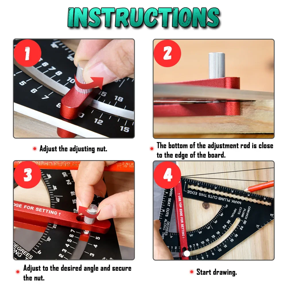 Woodworking Alloy Triangle Ruler with Angle Inch Protractor Multi-Angle Positioning Marker Carpenter Line Ruler Measuring Gauge