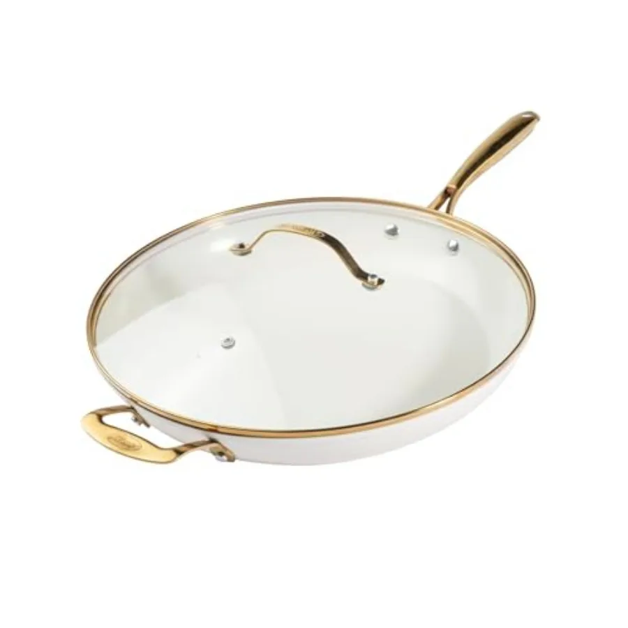 

14-дюймовая сковорода-сотейник увеличенного размера для семейного приготовления пищи, нетоксичная, с керамическим антипригарным покрытием, без PFOA и PFOS, эргономичная