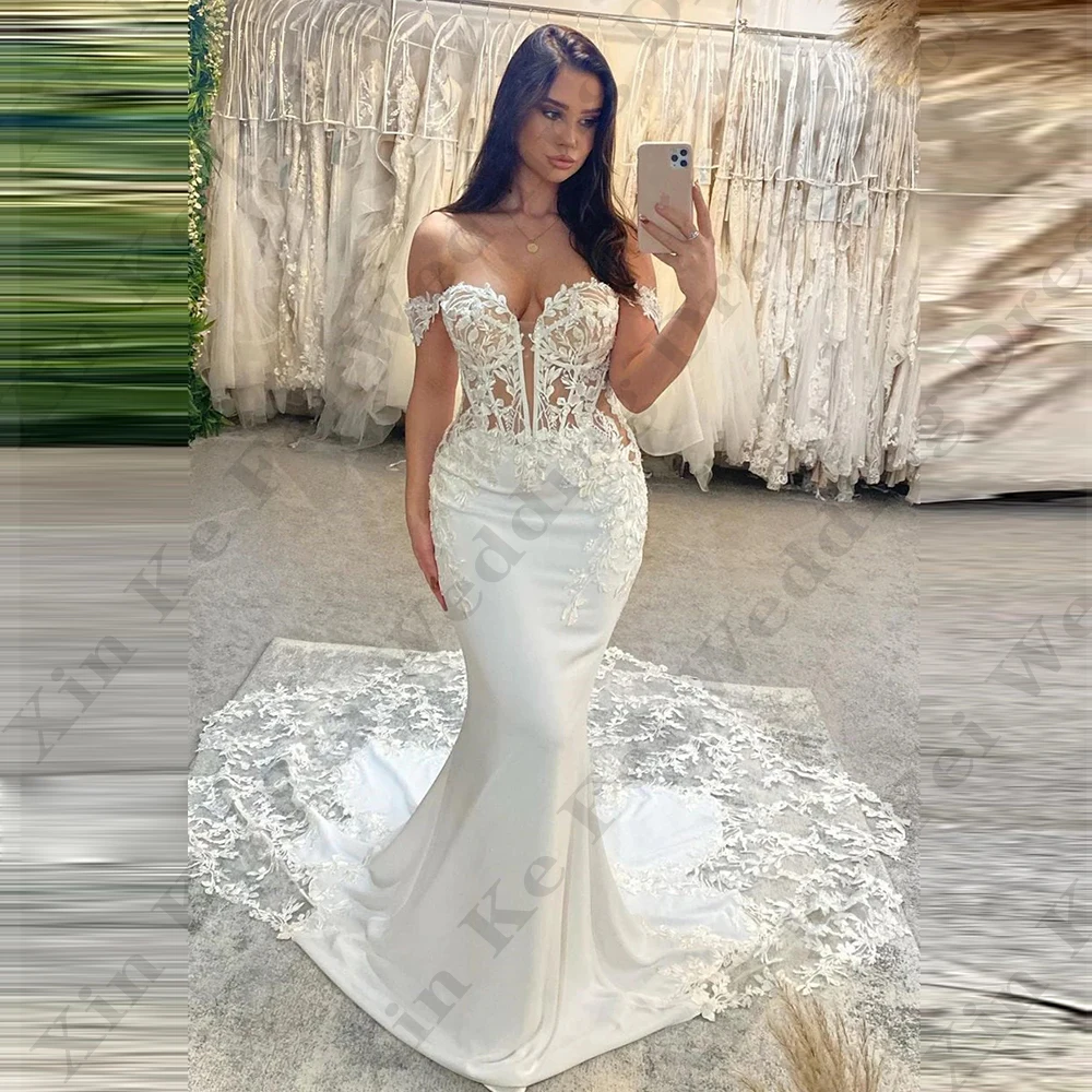 Pretty Wedding Dresses For Woman Sexy Backless Mermaid Off Shoulder Exquisite Lace Applique Simple Slimming Mopping Bride Gowns