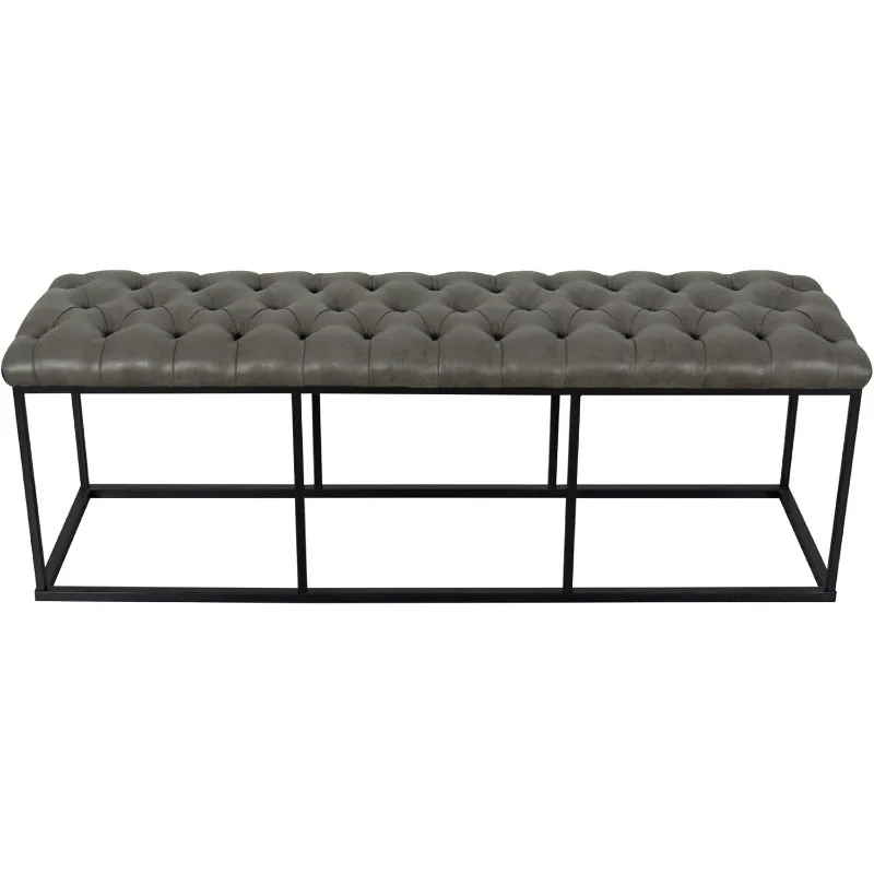 

HomePop Upholstered Button Tufted Decorative Bench with Metal Base, Gray Faux Leather