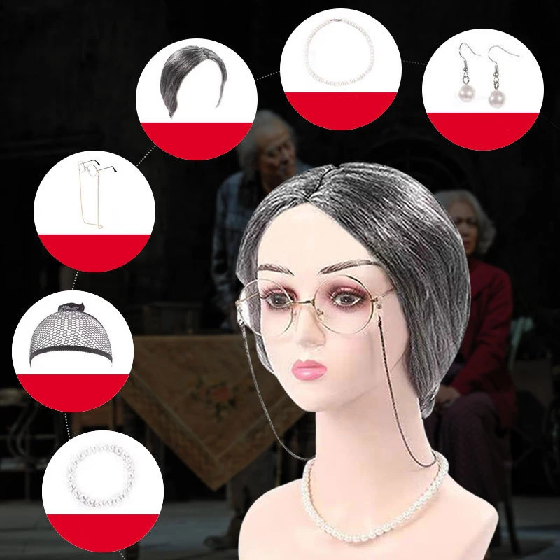 7 Uds. Conjunto de vestido de Cosplay de abuela y anciana, conjunto de disfraz de 100 días de escuela, accesorios para actuación en escenario de abuela, traje de juego de rol