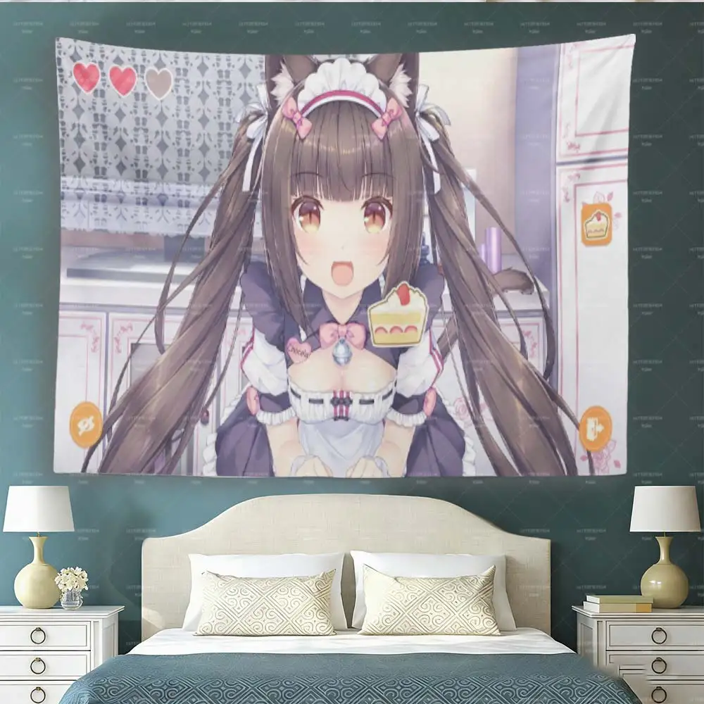 Anime Cat Girl Maid Tapestry, Kawaii Nekomimi Cake Wall Hanging Tapestry for Bedroom Dorm Decor, Anime Lover Gift