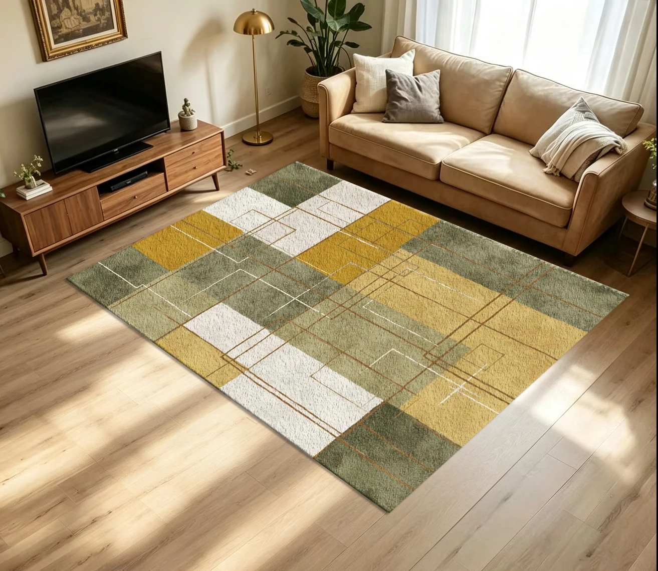Printed Rug Abstract - Olive Yellow Abstract Geometric Carpet Flooring