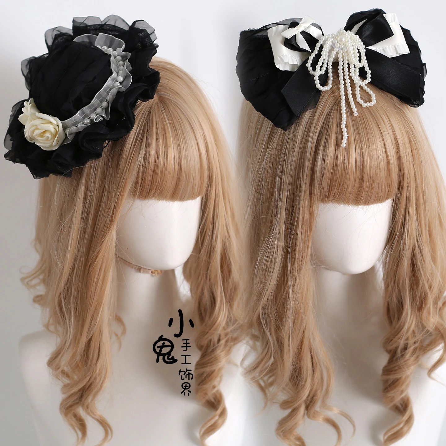 

Original Black Mist Poetry Spring Lace Cake Top Hat Sweet Pearl Bow Hairpin Headband KC Hair Accessories for Girls