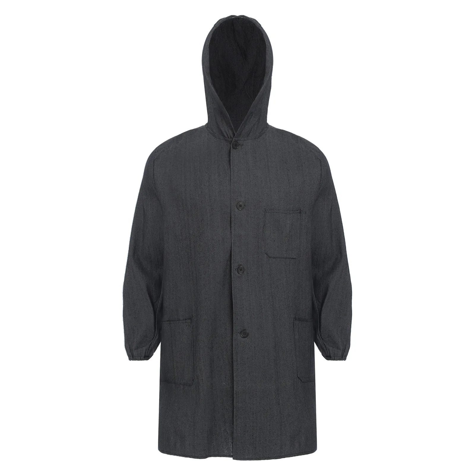 Męski kombinezon roboczy, wytrzymały, z kapturem, dżinsowy, zapinany na guziki, z kieszeniami, fartuch, kurtka, odzież warsztatowa, strój do malowania natryskowego.