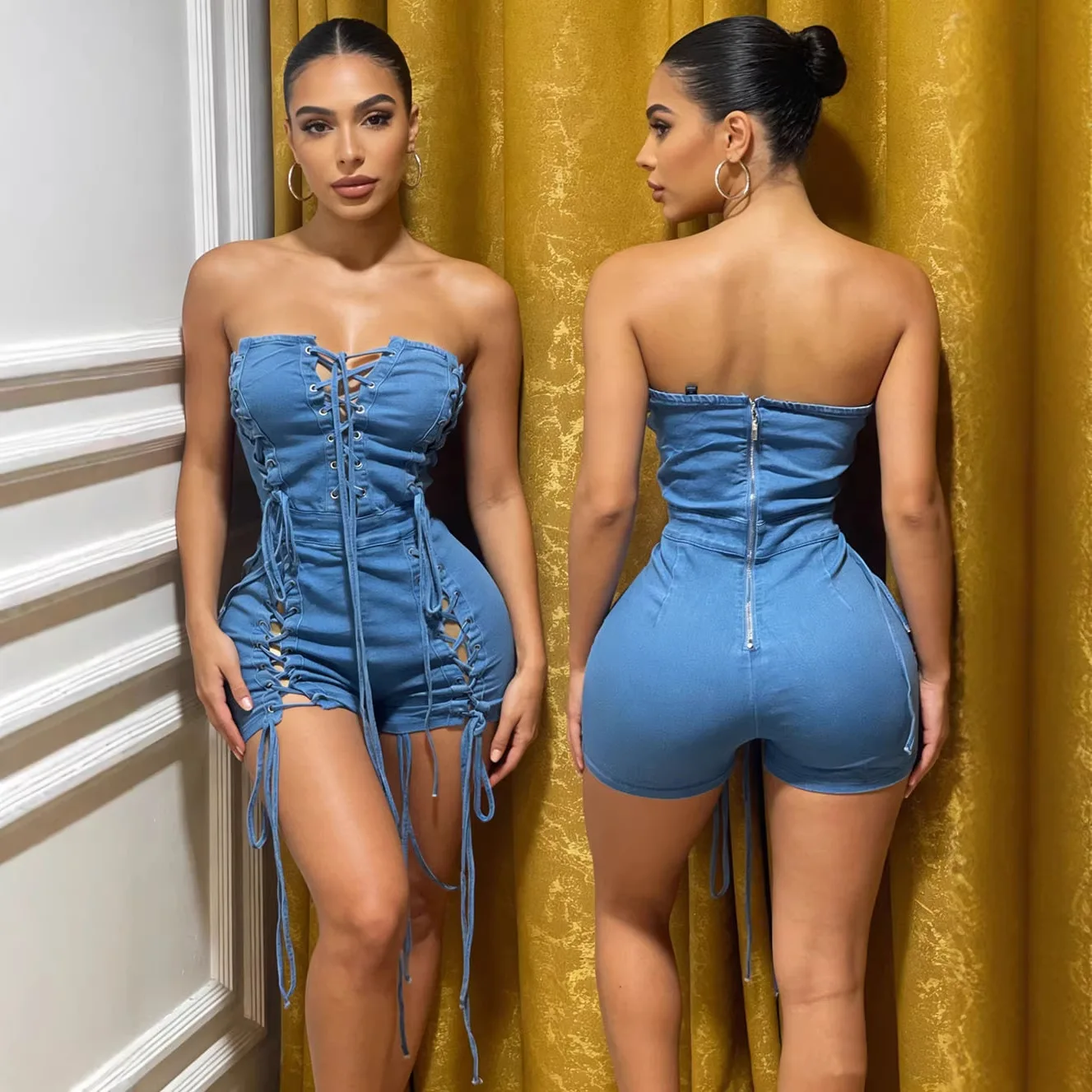 

Сексуальные джинсовые комбинезоны-бандаж 2026: летняя женская одежда в стиле Y2K, уличная мода, элегантный роскошный облегающий комбинезон-бодикон, цельный однотонный комбинезон