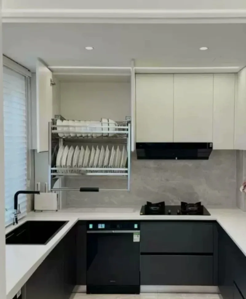 Rack Wall Cabinet Built-in Double-layer Pull-down Dish Basket Lift-up Pull-out Basket for Kitchen Cabinets Stainless Steel Dish