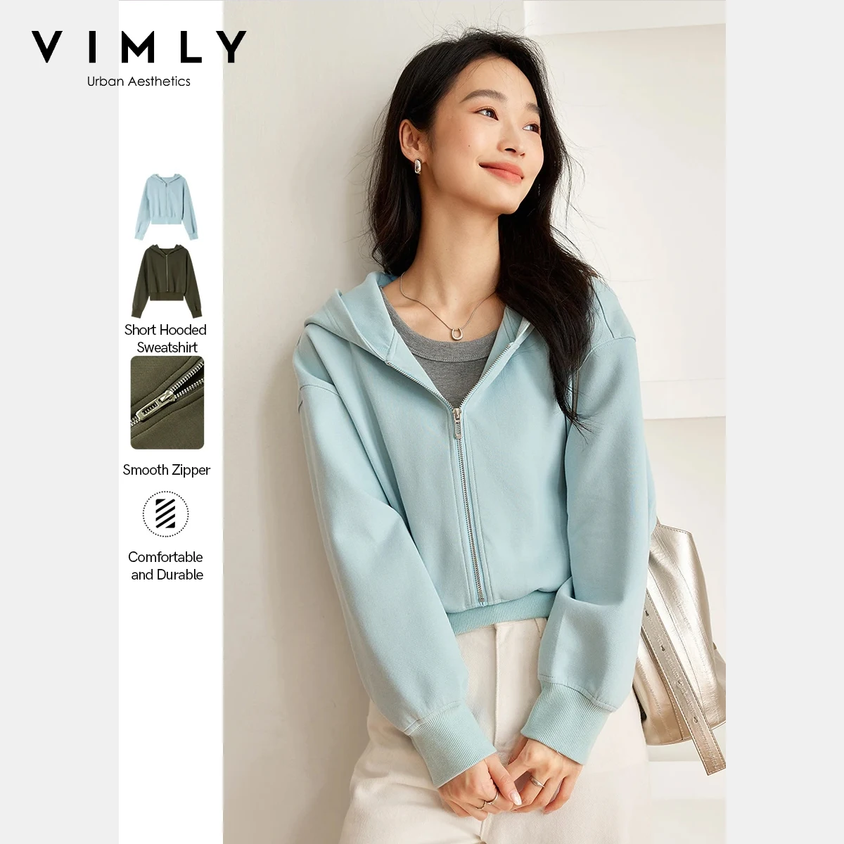 VIMLY بلوزات قصيرة بقلنسوة غير رسمية للنساء لخريف 2025 سترات جديدة بغطاء للرأس متينة وأكمام طويلة سترات نسائية M8675