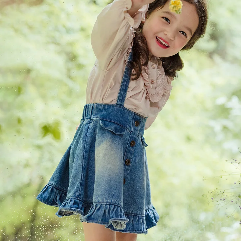 Girls Denim Dress 2024 Autumn Korean Children Girls Lotus Leaf Lace A-shaped Strap Dress