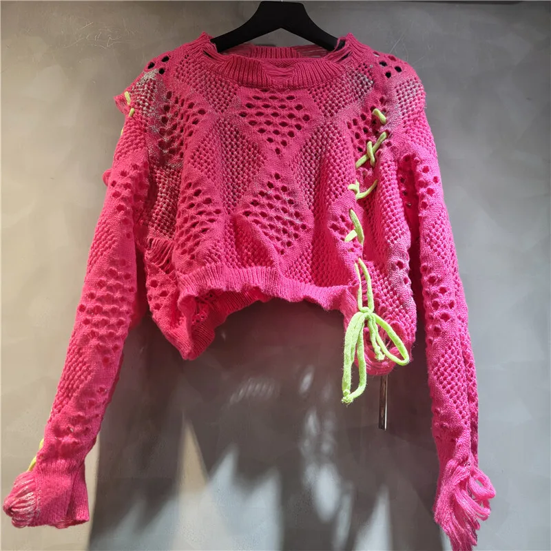 WTHT العصرية المرأة التباين اللون متماسكة الجوف خارج سترة قصيرة 2025 الخريف موضة س الرقبة طويلة الأكمام البلوفرات الإناث 1LS2584 #5