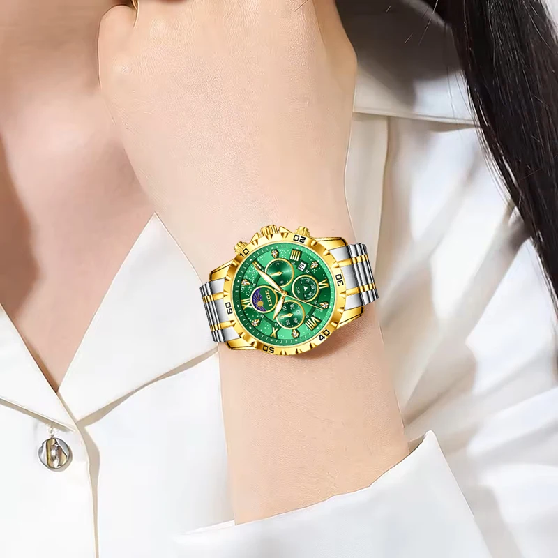 ساعة LIGE الإبداعية للنساء دائرية من الفولاذ المقاوم للصدأ مقاومة للماء وساعات يد كوارتز نسائية كاجوال رياضية كرونوغراف