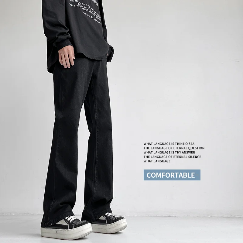 Autumn Vintage Straight Wide Legs BLACK Jeans Men\'s Streetwear Harajuku Washed Baggy Casual Flare Denim Trousers Y2K Male Pants