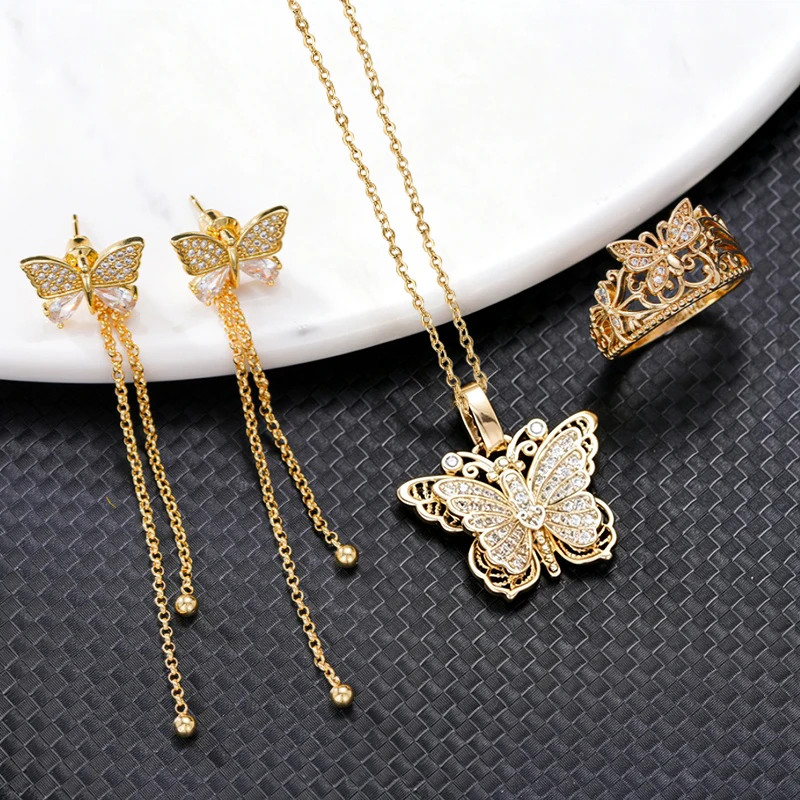 Huitan Women Butterfly Jewelry Set 3Pcs Gold Color Tassel Earrings Necklace Ring Set Bridal Engagement Party Jewelry Accessories
