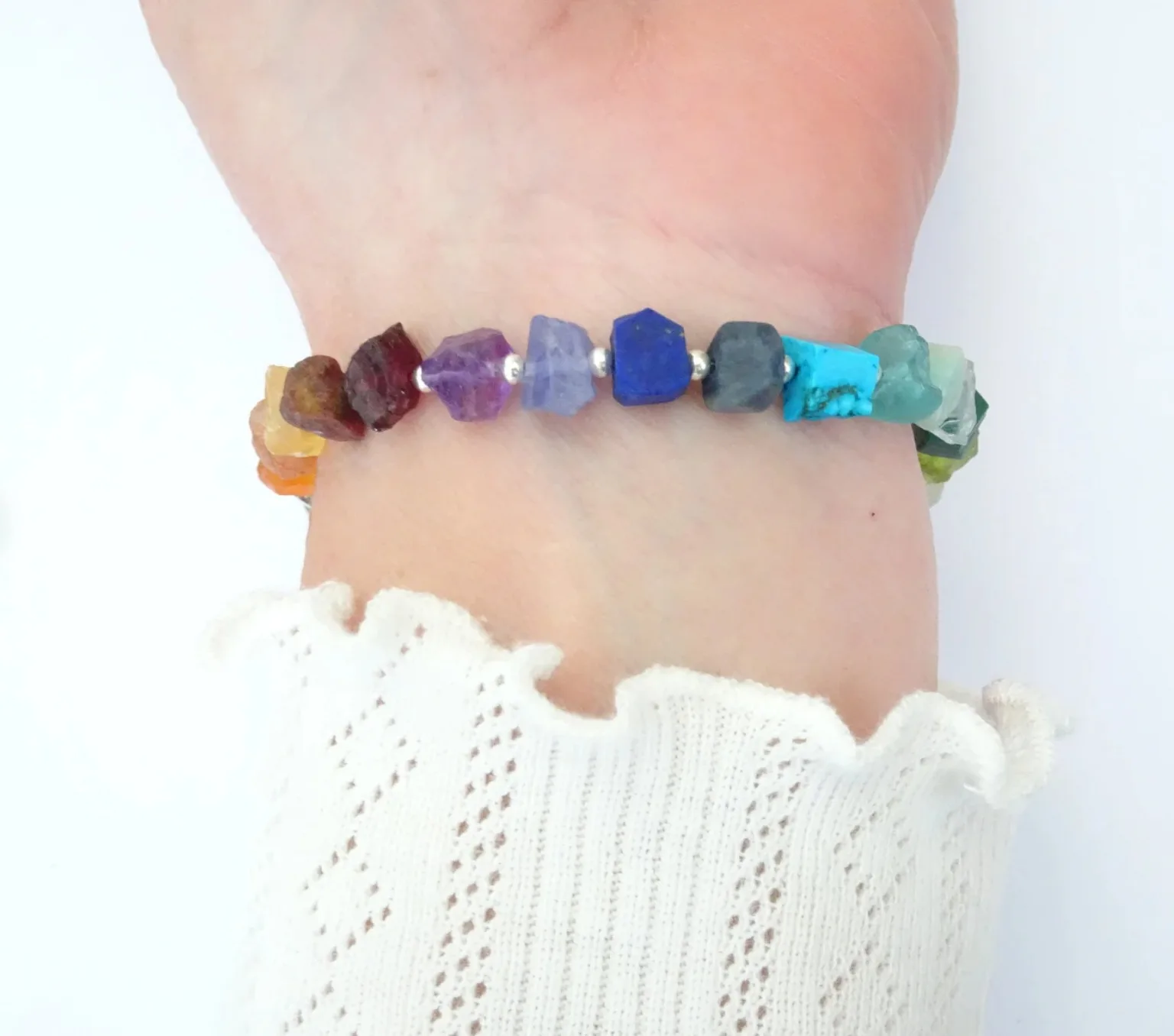 7 Chakras bracelet  Chakra bracelet gemstone rainbow chips and Sterling silver - amethyst, lapiz lazuli, citrine, carnelian