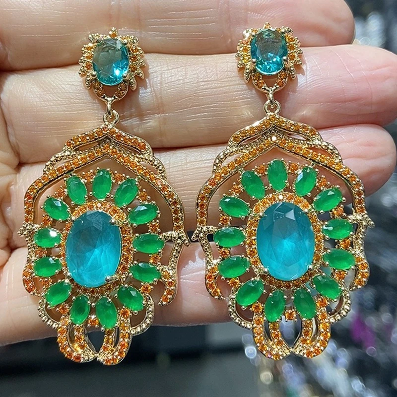 

Green Blue Earrings for Women Luxury Jewelry Shiny Zircon Big Dangle Earrings Wedding Bridal Evening Party Jewelry Female Gift