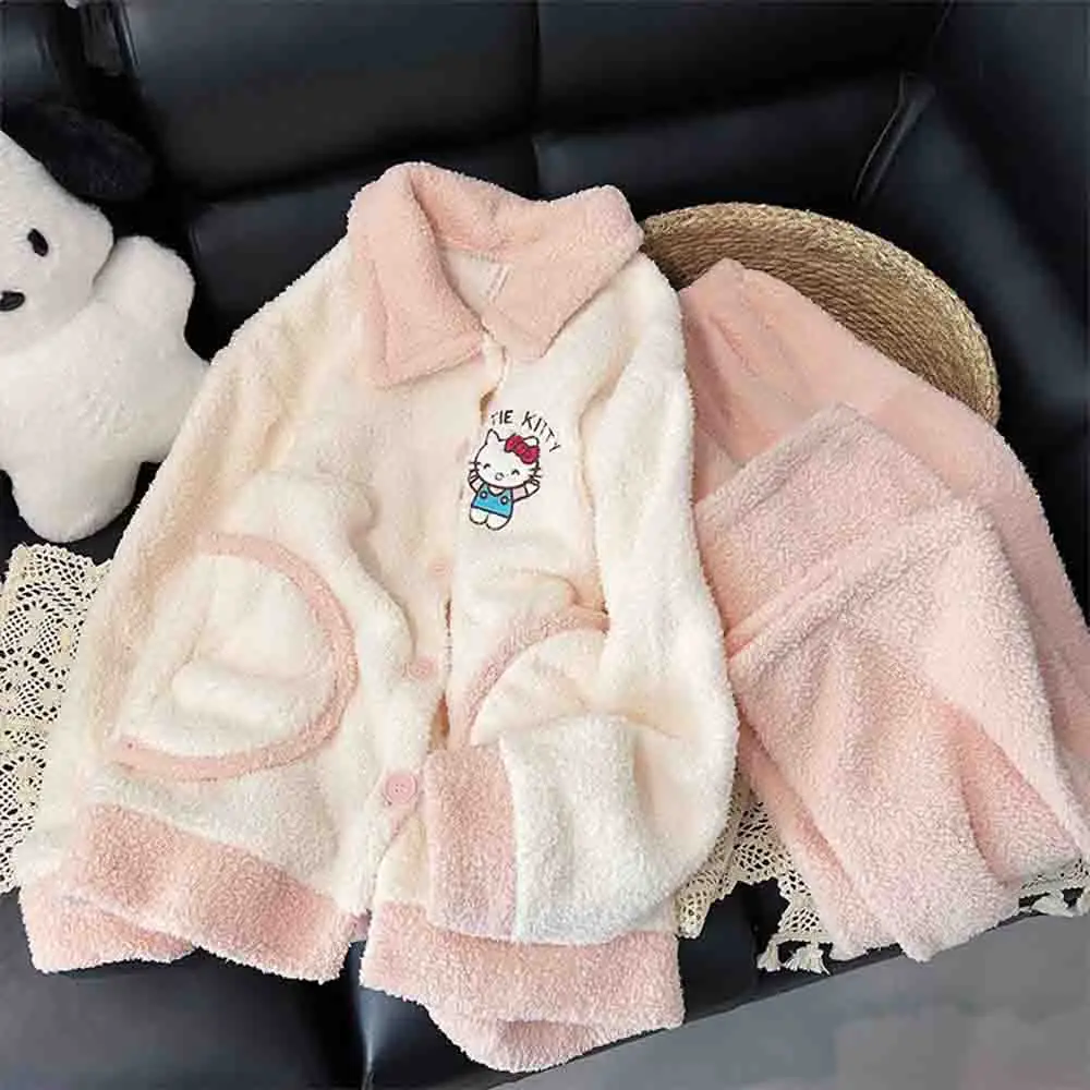 

Sanrio Hello Kitty Cute Pink Pajama Set Cartoon Kawaii Girls' Casual Warm and Comfortable Loose Autumn/winter Home Clothes Gift