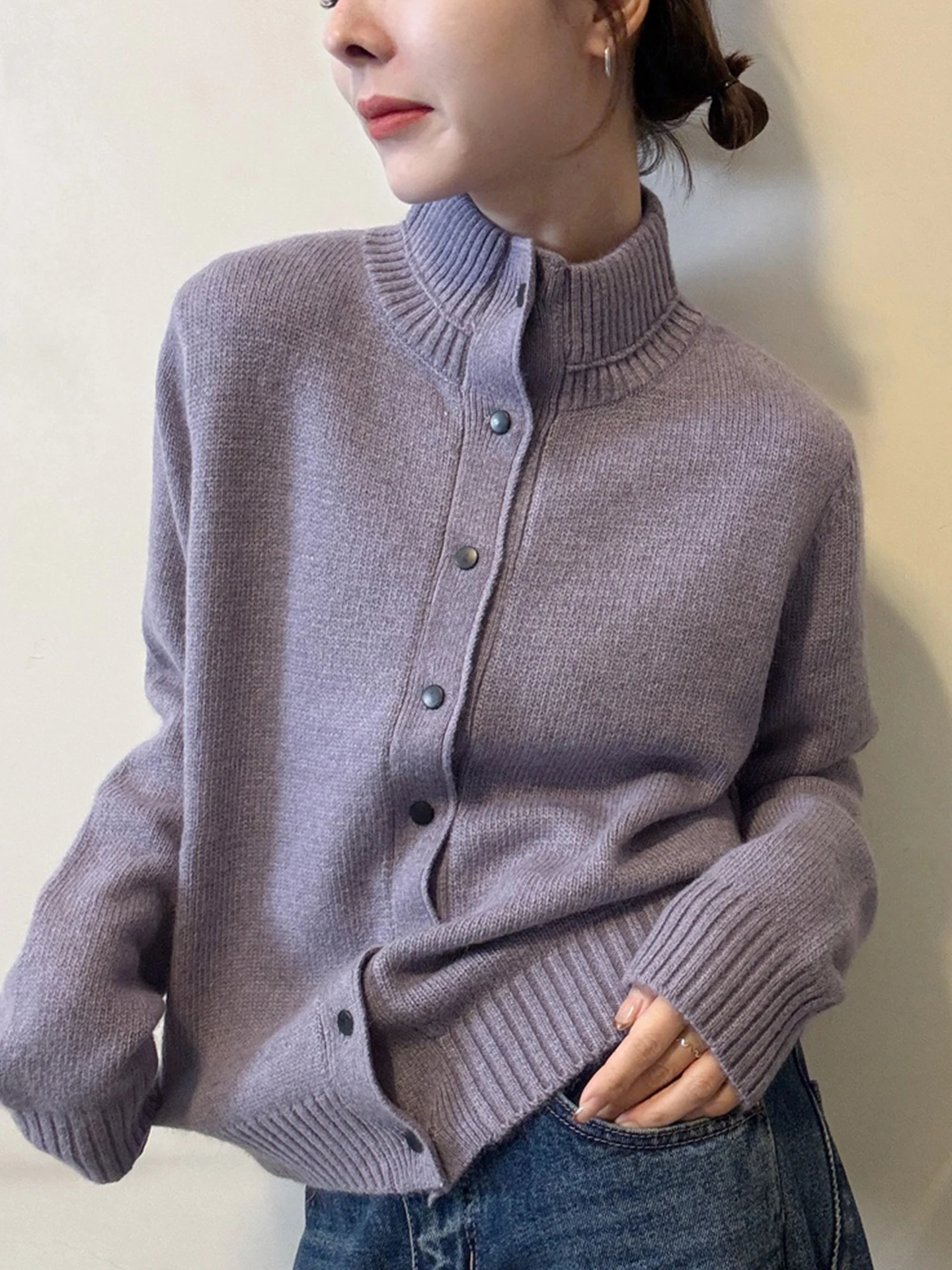 

Ele f-High Collar Knitted Sweater Long Sve Faionable Winter Cardigan Lightweight Simple Design Korean Sle Women...